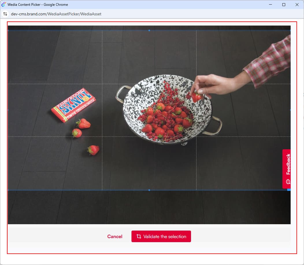 After specifying the desired aspect ratio and selecting an asset in the ensuing pop-up that contains the Wedia Content Picker, a bounding box is present on the picked asset to generate the crop with