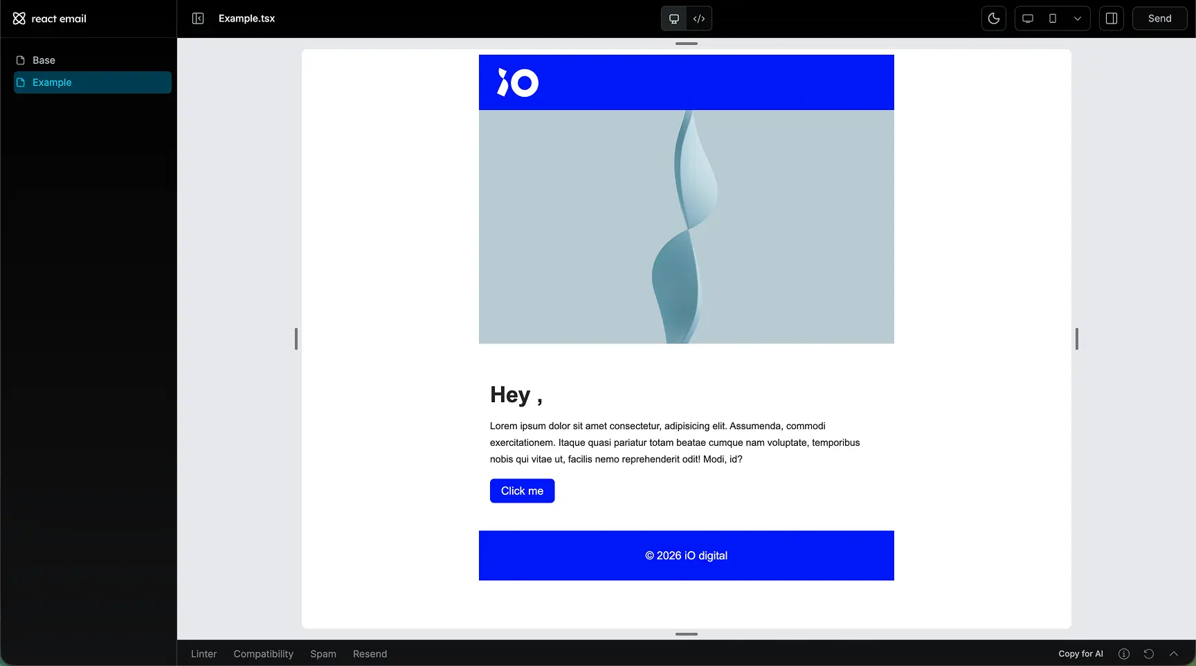 The React Email editor showing a live preview of an email template with responsive and dark mode toggles