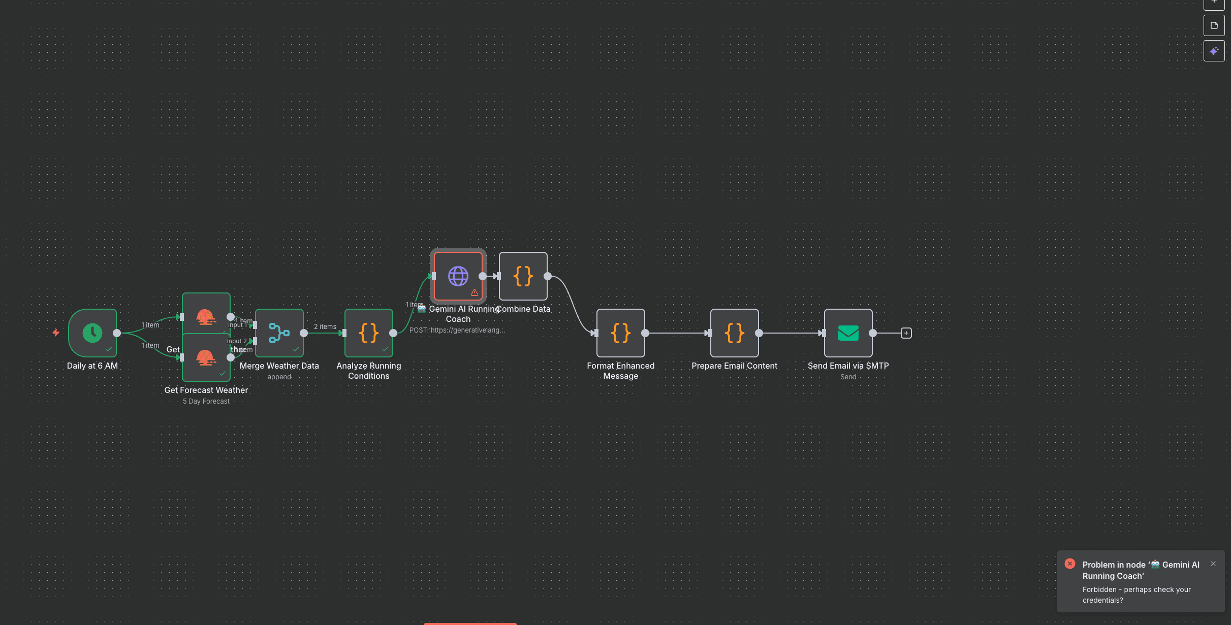 Screenshot of n8n UI where one of the node is red as there's an error