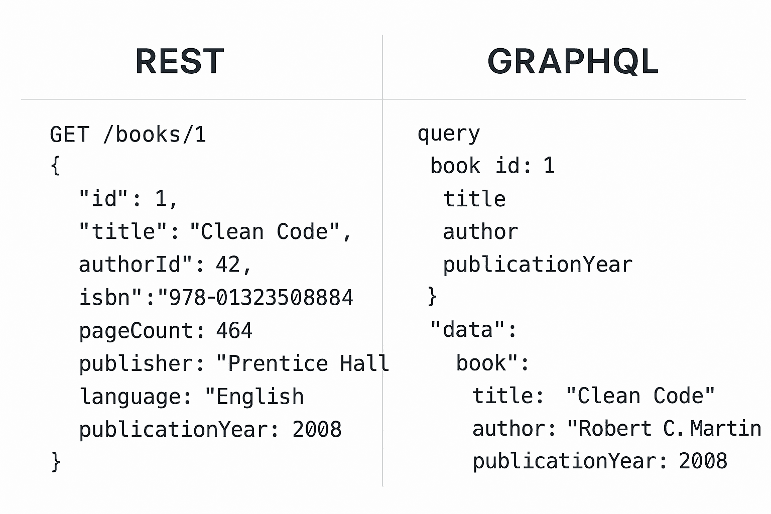 "A side-by-side code comparison of REST and GraphQL. The 'REST' column shows a 'GET /books/1' request that returns a large JSON object with all book details, including id, title, authorId, isbn, pageCount, and more. The 'GraphQL' column shows a query that specifically asks for only the title, author, and publicationYear. The corresponding GraphQL response contains a JSON object with only those three requested fields, demonstrating how it avoids over-fetching data.