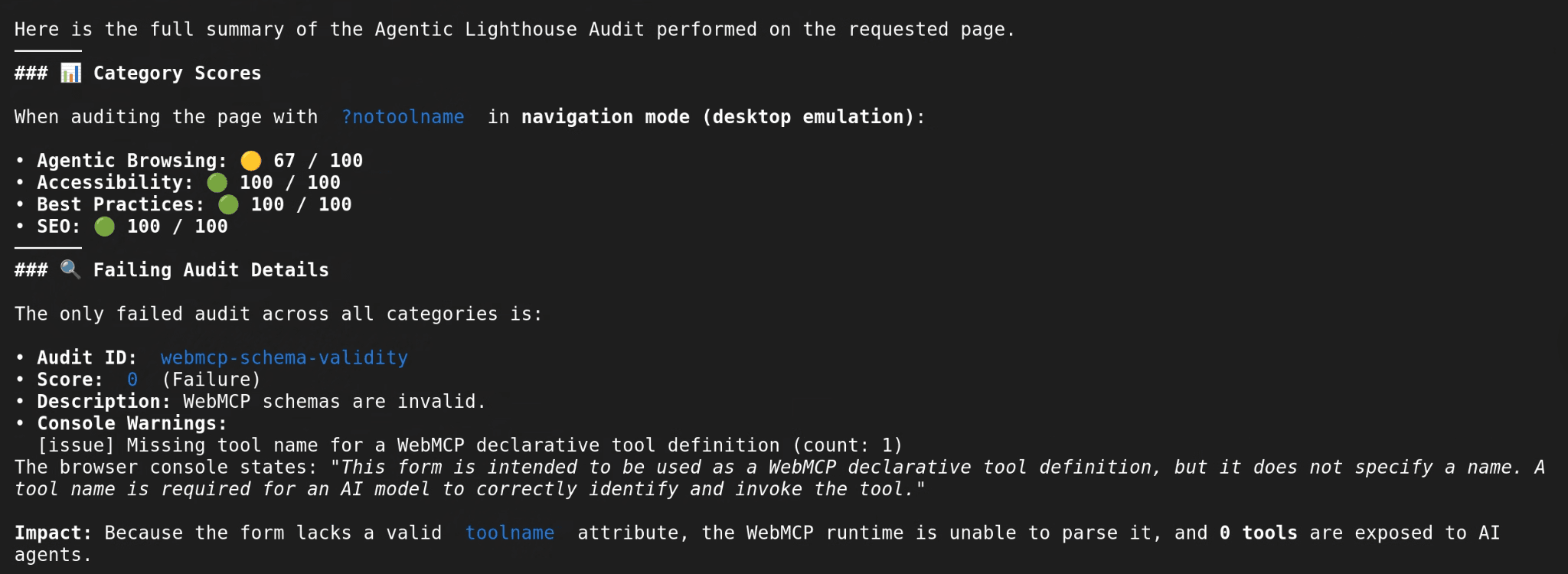 Agentic Lighthouse audit summary returned by Chrome DevTools for Agents in the terminal