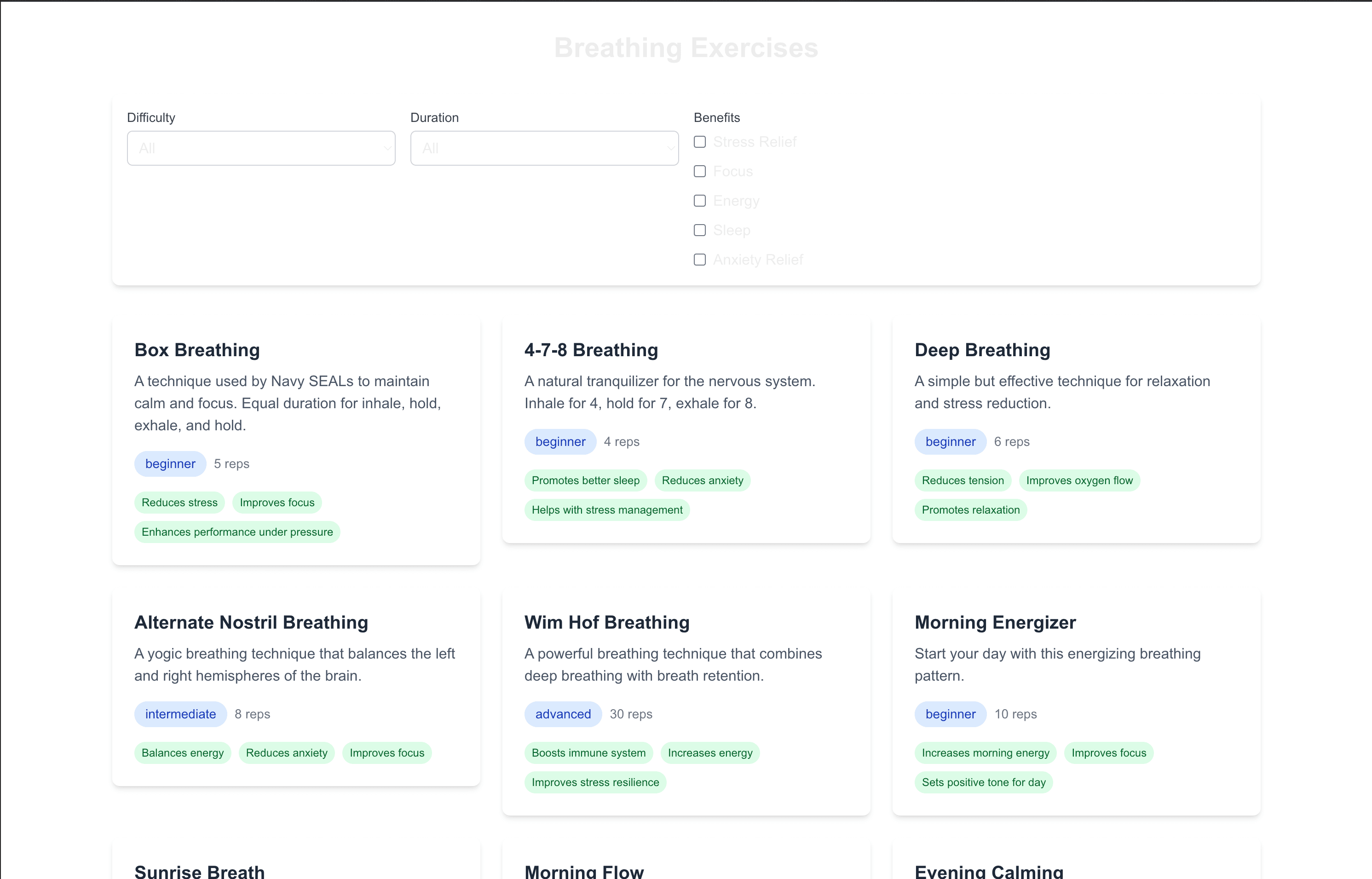 Basic overview page with cards that have exercises for breathing