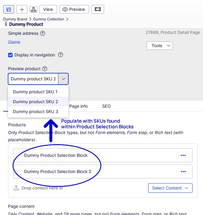 CMS settings panel with Preview product dropdown populated with products after adding Product SKU blocks caused the UI to reload