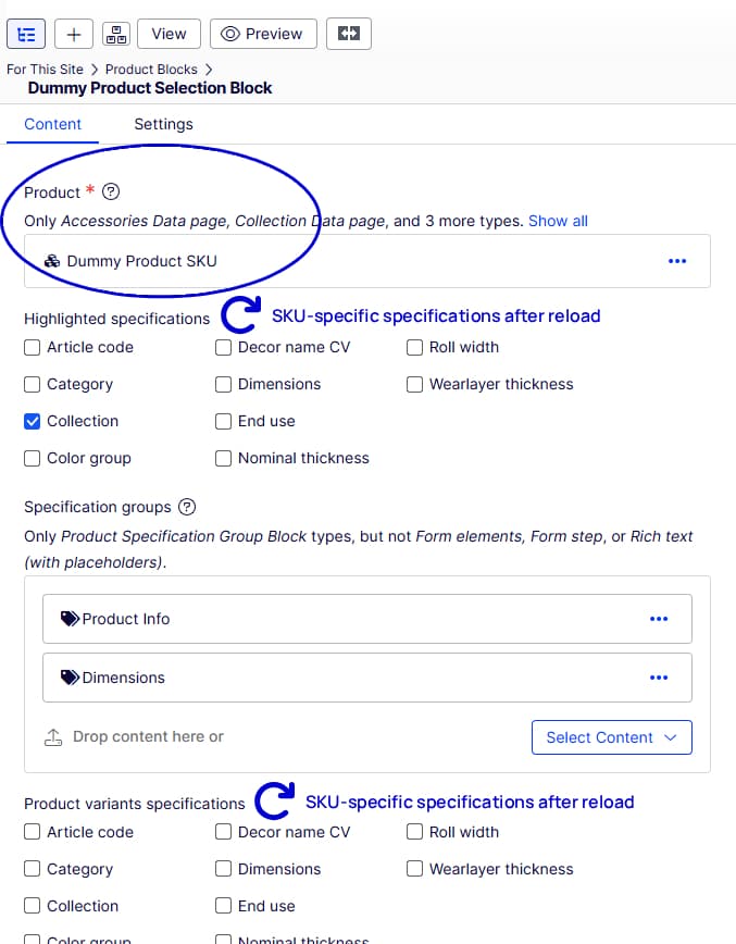 Product SKU block with Product reference which when altered causes the UI to reload and specification checkboxes to (re)populate